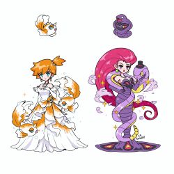 2girls arbok arbok_(cosplay) asymmetrical_hair bare_shoulders blush border breasts cosplay covered_navel cowboy_shot dress ekans elbow_gloves female_focus from_below gen_1_pokemon gloves goldeen goldeen_(cosplay) green_eyes hair_tie highleg highleg_leotard highres jessie_(pokemon) legs leotard long_hair mamobot medium_breasts misty_(pokemon) multiple_girls nintendo open_mouth orange_hair pokemon pokemon_(anime) pokemon_(classic_anime) ponytail purple_hair shirt short_hair shorts side_ponytail simple_background solo