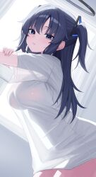 1girl :/ absurdres alternate_costume blue_archive breasts halo highres indoors large_breasts leaning_forward long_hair looking_at_viewer no_pants purple_eyes purple_hair red_pupils see-through_silhouette sei_(0724sei6) shirt short_sleeves solo thighs two_side_up white_shirt yuuka_(blue_archive)