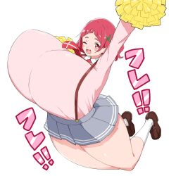 1girl alternate_breast_size bouncing_breasts breasts cheering female_focus gigantic_breasts green_hair_ornament grey_skirt hair_ornament hairpin highres hugtto!_precure long_sleeves looking_at_viewer necktie nono_hana one_eye_closed open_mouth pink_eyes pink_hair pink_shirt pom_pom_(cheerleading) precure red_necktie sabanotami shirt shoes short_hair simple_background skirt smile socks solo solo_focus suspender_skirt suspenders thick_thighs thighs translated white_background white_socks wink