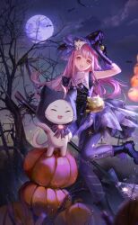 Rule 34 | 1girl, ^ ^, ahoge, animal, animal on head, animal print, artist request, baby animal, bag, bare tree, black boots, black bow, black bowtie, black cloak, black dress, black hat, blunt bangs, boots, bow, bowtie, brooch, broom, brown eyes, capelet, cat, cat on head, cat print, cloak, closed eyes, clothed animal, cloud, cross, cross print, dot nose, dress, ear covers, fence, foot out of frame, footwear ribbon, frilled dress, frilled headwear, frills, full moon, game cg, gloves, halloween, halloween costume, hand on headwear, hand on own hip, hat, highres, holding, holding broom, hood, hood up, hooded cloak, jack-o&#039;-lantern, jewelry, kitten, light particles, long hair, midnight witch (shining nikki), momo (nikki), moon, navel, necklace, nikki (nikki), nikki (series), official alternate costume, official art, on head, open mouth, outdoors, outstretched arm, pantyhose, pawpads, pink hair, pumpkin, purple gloves, purple hat, purple pantyhose, purple ribbon, ribbon, shining nikki, shirt, shirt under dress, short dress, shoulder bag, sidelocks, sky, sleeveless, sleeveless dress, smile, star (sky), star (symbol), star print, starry sky, tareme, teeth, tree, twilight, two-tone headwear, upper teeth only, v-shaped eyebrows, very long hair, whiskers, white capelet, white cat, white shirt, witch, witch hat