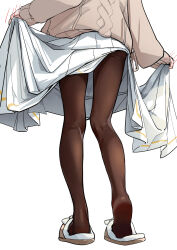 1girl ass_peek blue_archive bow brown_pantyhose brown_slippers brown_sweater chinese_commentary commentary_request footwear_bow from_behind hand_blush heel_up highres kneepits legs long_sleeves lower_body pantyhose pinko_(oknip) pleated_skirt simple_background skirt skirt_hold sleeves_past_wrists slippers soles solo standing sweater ui_(blue_archive) white_background white_bow white_skirt