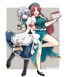 2girls :d apron back-to-back black_legwear blue_dress bow braid breasts cake dress embodiment_of_scarlet_devil female_focus food frilled_dress frills fruit hair_bow hat high_heels hong_meiling izayoi_sakuya large_breasts long_hair looking_at_viewer macaron maid maid_apron maid_headdress multiple_girls open_mouth pantyhose pumps red_hair satou_samu shirt side_slit silver_hair skirt skirt_set sleeveless sleeveless_shirt smile standing standing_on_one_leg strawberry sugar sweets teapot tiered_tray touhou waist_apron