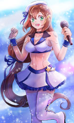 1girl android beret blush breasts brown_hair capcom cleavage frilled_bracelet frilled_skirt frills green_eyes hair_between_eyes hat highres holding holding_microphone idol iris_(mega_man) kiwakiwa leg_up long_hair low-tied_long_hair medium_breasts mega_man_(series) mega_man_x_(series) microphone midriff miniskirt navel open_mouth sketch skirt smile solo thighhighs very_long_hair white_hat zettai_ryouiki