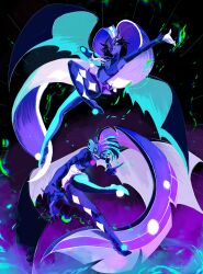 2girls 4442356893 absurdres aqua_wings asymmetrical_bangs asymmetrical_legwear breasts colored_sclera colored_skin crop_top dark_background demon demon_girl demon_horns demon_wings glam_(helluva_boss) glitz_(helluva_boss) helluva_boss highres horns long_hair mismatched_legwear multicolored_hair multiple_girls ponytail purple_skin siblings sisters skirt small_breasts twins very_long_hair white_skirt wings