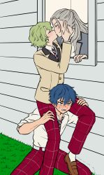 Rule 34 | 3boys, carrying, clenched teeth, ensemble stars!, flat color, grass, hands on another&#039;s thighs, highres, jacket, kiss, male focus, multiple boys, nasomon, outdoors, pants, parody, ran nagisa, red pants, sazanami jun, shaking, shoulder carry, squatting, sweat, teeth, tomoe hiyori, yaoi