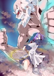 1boy 1girl blue_eyes blue_hair clenched_hands clenched_teeth cloud highres hood jewelry kumoi_ichirin muscular neko_senshi ring short_hair teeth touhou unzan