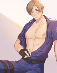 Rule 34 | 1boy, bandaid, bandaids on nipples, belt, black belt, black gloves, blonde hair, blue eyes, blue pants, blue shirt, blush, collarbone, collared shirt, cowboy shot, dbox 2525, fingerless gloves, gloves, grey background, highres, leon s. kennedy, looking at viewer, male focus, open clothes, open shirt, pants, parted bangs, pasties, pectorals, police, police uniform, resident evil, resident evil 2, shirt, short hair, short sleeves, sitting, solo, sweatdrop, thigh strap