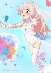 1girl :o ahoge alternate_costume artist_name blue_background blue_bow blue_bowtie blush bouquet bow bowtie breasts bridal_veil bride brooch brown_eyes colored_inner_hair commentary covered_navel flower frills full_body garter_straps gloves grey_hair happyundergate highres jewelry loli long_hair multicolored_hair neck_garter onii-chan_wa_oshimai! open_mouth outstretched_arms oyama_mahiro petals pink_hair running shoes simple_background small_breasts solo thighhighs twitter_username two-tone_hair veil white_garter_straps white_gloves white_shoes white_thighhighs