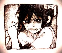 1girl angry aubrey_(headspace)_(omori) aubrey_(omori) baseball_bat bow bright_pupils crying crying_with_eyes_open double-parted_bangs greyscale hair_bow highres holding holding_baseball_bat long_hair lower_teeth_only monochrome nicome_02 omori open_mouth shirt short_sleeves solo t-shirt tears teeth upper_body