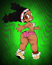 1girl ass ass_focus back black_hair brown_eyes capcom curvy dark-skinned_female dark_skin denim denim_shorts headband jellot lily_hawk looking_at_viewer native_american shiny_skin short_shorts shorts smile street_fighter street_fighter_6 thick_thighs thighs twintails wide_hips
