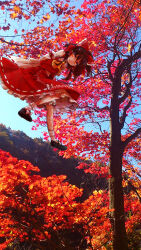 1girl arms_behind_back ascot autumn autumn_leaves bloomers blue_sky bobby_socks bow brown_hair closed_mouth commentary_request day detached_sleeves frilled_bow frilled_hair_tubes frills hair_bow hair_tubes hakurei_reimu leaf long_hair looking_at_viewer mecco outdoors photo_background red_bow red_skirt ribbon-trimmed_sleeves ribbon_trim shoes skirt skirt_set sky smile socks solo touhou tree underwear white_bloomers white_socks yellow_ascot