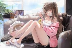 1girl absurdres bare_shoulders black_shorts blush bottle breasts brown_eyes brown_hair cleavage collarbone couch finger_heart girls&#039;_frontline girls&#039;_frontline_2:_exilium hand_up highres holding holding_bottle indoors jacket k2_(girls&#039;_frontline) knees_up legs long_hair long_sleeves looking_at_viewer mask mask_lift medium_breasts mouth_mask off_shoulder on_couch one_eye_closed one_side_up open_mouth pink_jacket puffy_long_sleeves puffy_sleeves short_shorts shorts slippers smile solo strap_slip thighs toenails toes white_mask yoohee_(girls&#039;_frontline_2) zije