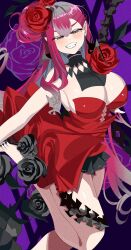 1girl baobhan_sith_(fate) bare_shoulders barefoot blush breasts cleavage dress earrings fate/grand_order fate_(series) flower grey_eyes grin hair_flower hair_ornament highres jewelry large_breasts long_hair looking_at_viewer multicolored_hair pink_hair pointy_ears puti_tomato19 red_dress red_flower red_rose rose sidelocks smile solo