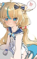1girl absurdres ahoge animal_ear_fluff animal_ears blonde_hair blue_eyes blue_hair cat_ears closed_mouth dress fang fins fish_girl fish_tail highres indie_virtual_youtuber long_hair looking_at_viewer low_twintails multicolored_hair otsukarii puffy_cheeks sameko_saba skin_fang sleeveless sleeveless_dress streaked_hair tail twintails very_long_hair virtual_youtuber white_dress