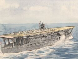Rule 34 | a6m zero, aircraft, aircraft carrier, airplane, atelier bono, cloud, cloudy sky, commentary request, flag, flight deck, highres, imperial japanese navy, japanese flag, kaga (aircraft carrier), mast, military vehicle, no humans, ocean, original, painting (medium), propeller fighter, sailing, ship, sky, smoke, smokestack, traditional media, vehicle focus, warship, watercolor (medium), watercraft, waves