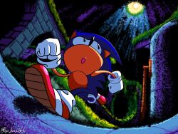 1boy animal_ears black_eyes blue_fur dubious_depths full_body furry furry_male gloves highres male_focus open_mouth pepijuan red_shoes running shoes solo sonic_(series) sonic_the_hedgehog