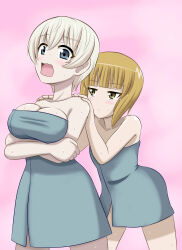 Rule 34 | 2girls, absurdres, blonde hair, blue eyes, blush, breasts, cleavage, closed mouth, collarbone, cutlass (girls und panzer), girls und panzer, highres, large breasts, megi2009, multiple girls, naked towel, open mouth, pink background, short hair, simple background, small breasts, sweat, towel, yellow eyes, youko (girls und panzer)