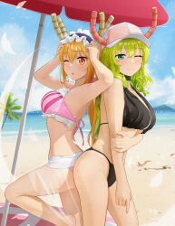2girls :o absurdres arm_at_side arms_up baseball_cap beach bikini black_bikini black_collar blonde_hair blue_sky breasts chinese_commentary choppy_bangs closed_mouth cloud collar commentary_request day feet_out_of_frame film_grain fingernails foot_up from_side green_eyes green_hair hair_between_eyes hand_on_own_arm hat highres horns kobayashi-san_chi_no_maidragon large_breasts light_blush long_bangs long_hair looking_at_viewer lucoa_(maidragon) maid_headdress multiple_girls ocean one_eye_closed outdoors palm_tree parasol parted_lips pink_bikini pink_hat red_eyes sand shenle simple_bird sky slit_pupils smile split_mouth standing striped_bikini striped_clothes swimsuit tohru_(maidragon) tree turning_head umbrella vertical-striped_bikini vertical-striped_clothes water