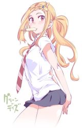 1girl blonde_hair female_focus food green_days long_hair miniskirt necktie ponytail popsicle red_eyes school_uniform simple_background skirt solo touge_hiro