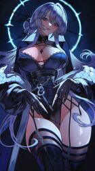 1girl alternate_costume alternate_hairstyle black_boots black_gloves black_leotard blue_eyes blush boots breasts cantarella_(wuthering_waves) chain closed_mouth criss-cross_straps from_below garter_straps gloves halo highres jewelry lace-up_boots leotard long_hair looking_at_viewer medium_breasts pendant purple_hair sanya_(sanya_lox228) smile thigh_boots thigh_strap very_long_hair wuthering_waves