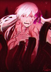 Rule 34 | 1girl, bare shoulders, body markings, commentary, crying, crying with eyes open, dark sakura, fate/stay night, fate (series), hair ribbon, heaven&#039;s feel, long hair, matou sakura, momoka (abc momoka0718), open mouth, red eyes, ribbon, solo, spoilers, tears, teeth, upper teeth only, white hair