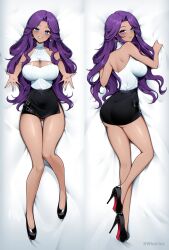 1girl absurdres armpit_crease ass bare_arms bare_legs bare_shoulders black_shoes black_skirt blue_eyes breasts cha_cha_(vtuber) cleavage cleavage_cutout clothing_cutout commentary curly_hair curtained_hair dakimakura_(medium) earrings forehead from_behind full_body gluteal_fold halter_shirt halterneck high_heels highres hug_invitation indie_virtual_youtuber jewelry large_breasts light_blush lips long_hair looking_at_viewer lying mature_female median_furrow miniskirt mole mole_under_mouth mother&#039;s_day multiple_views on_back on_stomach panties panty_peek pencil_skirt pinstripe_pattern pinstripe_shirt purple_hair shirt shirt_tucked_in shoes shoulder_blades side_slit skirt sleeveless sleeveless_shirt smile teeth twitter_username underwear virtual_youtuber whatjuz white_shirt