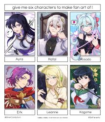 Rule 34 | 3girls, 4boys, absurdres, archery, armor, arrow (projectile), artist name, ayra (fire emblem), black hair, blonde hair, blue eyes, blue hair, breastplate, brown gloves, cape, character name, closed mouth, double-parted bangs, english text, erk (fire emblem), fire emblem, fire emblem: genealogy of the holy war, fire emblem: path of radiance, fire emblem: the blazing blade, fire emblem engage, gloves, green eyes, green sailor collar, grey hair, hair between eyes, hair horns, hashtag-only commentary, heart, high collar, highres, higurashi kagome, holding, holding arrow, hug, inuyasha, leanne (fire emblem), long hair, multicolored hair, multiple boys, multiple drawing challenge, multiple girls, naesala (fire emblem), neckerchief, nintendo, open mouth, pauldrons, pink hair, purple eyes, purple hair, rafal (fire emblem), red cape, red eyes, red neckerchief, rosado (fire emblem), sailor collar, shoulder armor, silvercandy gum, six fanarts challenge, spoken heart, streaked hair, trap, twitter username, wings