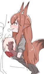 1boy 1girl animal_ears arknights black_skirt blush bra bra_pull breasts breasts_out breasts_squeezed_together brown_gloves brown_hair clothes_pull fox_ears fox_girl fox_tail franka_(arknights) from_side gloves grey_shirt heart heavy_breathing hetero large_breasts long_hair looking_at_another nikukabe nipples paizuri penis red_bra shirt short_sleeves sidelocks sketch skirt smile solo_focus tail underwear white_background