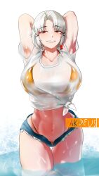 1girl absurdres alternate_breast_size armpits arms_up bikini breasts drake_(nikke) goddess_of_victory:_nikke gold_bikini hair_ornament highres huge_breasts looking_at_viewer pakdeus red_eyes see-through_clothes see-through_shirt shirt short_hair shorts sidelocks simple_background smile solo swimsuit white_hair
