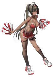 1girl absurdres alternate_costume bandaid bandaid_on_arm bandaid_on_hip bandaid_on_stomach bandaid_on_thigh bay_(nikke) black_hair black_hairband black_thighhighs cheerleader dark-skinned_female dark_skin full_body goddess_of_victory:_nikke grey_eyes hairband hallo_(rltkdydrltk) highres leaning_forward lock long_hair looking_at_viewer mole mole_on_stomach navel padlock padlocked_collar pleated_skirt red_streaks simple_background single_thighhigh skirt solo standing thighhighs two-tone_tank_top white_background white_sneakers