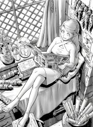 1girl absurdres alternate_costume alternate_hairstyle blonde_hair braid breasts cleavage crossed_legs dress dungeon_meshi elf hair_around_ear highres holding holding_newspaper long_hair marcille_donato masutatsu_novuo medium_breasts monochrome multiple_braids newspaper open_mouth pointy_ears reading sandals sitting sleeveless sleeveless_dress smile