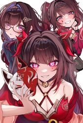 3girls bell black_choker black_shirt breasts brown_hair choker cleavage clenched_teeth criss-cross_halter dress flower-shaped_pupils fox_mask glasses h_09ii halterneck highres holding holding_mask honkai:_star_rail honkai_(series) long_hair looking_at_viewer mark_under_both_eyes mask multiple_girls multiple_persona neck_bell open_mouth red_dress red_sleeves shirt simple_background sparkle_(fictitious_game)_(honkai:_star_rail) sparkle_(honkai:_star_rail) sparkle_(school_uniform)_(honkai:_star_rail) symbol-shaped_pupils teardrop_facial_mark teeth twintails white_background