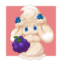 1girl alcremie alcremie_(berry_sweet) alcremie_(caramel_swirl) berry_(pokemon) blue_eyes blueberry bluk_berry border commentary_request dewlap eating food fruit gen_8_pokemon godot_yatima looking_at_viewer nintendo pokemon pokemon_(creature) pokemon_focus red_background simple_background solo white_border