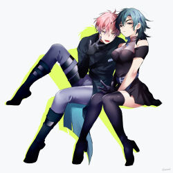Rule 34 | 1boy, 1girl, alien stage, black boots, black coat, black dress, black gloves, black hair, boots, breasts, clothing cutout, coat, commentary, dress, drop shadow, fang, fang out, genderswap, genderswap (ftm), genderswap (mtf), gloves, gradient hair, grey pants, high heel boots, high heels, highres, invisible chair, ivan (alien stage), knee up, medium hair, mizi (alien stage), multicolored hair, pants, purple hair, red pupils, sazare (sazozo0), short hair, short sleeves, shoulder cutout, sitting, thigh boots, thigh strap, tongue, tongue out, two-tone hair, yellow eyes
