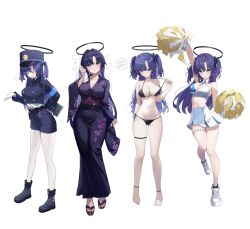 1girl alternate_costume armband bare_shoulders barefoot bikini bikini_pull black_bikini black_halo blue_archive blue_armband blush breasts cheerleader cleavage closed_eyes clothes_pull collarbone cosplay detached_collar feet flying_sweatdrops full_body gluteal_fold halo halterneck hat highres holding_strap japanese_clothes kimono large_breasts long_hair mechanical_halo millennium_cheerleader_outfit_(blue_archive) navel nozomi_(blue_archive) nozomi_(blue_archive)_(cosplay) pantyhose peaked_cap pom_pom_(cheerleading) pulling_own_clothes purple_eyes purple_hair purple_kimono shoes side-tie_bikini_bottom simple_background skindentation sneakers solo standing standing_on_one_leg steam stomach sukoyaka_konbu sweat swimsuit thigh_strap thighs toes train_conductor two_side_up white_background white_pantyhose white_shoes yuuka_(blue_archive)