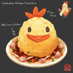 arrow_(symbol) artist_logo artist_name carrot_slice character-themed_food character_name combusken food food_focus food_name fried_rice gen_3_pokemon grey_background highres logo nintendo no_humans pokemon pokemon_(creature) sauce simple_background yuki00yo