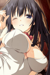 1girl animal_costume areola_slip black_hair blue_eyes cropped game_cg grabbing_from_behind indoors motoyon necktie nijigen_kanojo rabbit_costume subarashiki_hibi sweat sweatdrop takashima_zakuro