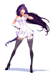 1girl au_ra black_shoes black_thighhighs breasts cleavage commission dragon_horns dragon_tail dress final_fantasy final_fantasy_xiv full_body high_heels highres horns julianvanist large_breasts legs_apart long_hair looking_at_viewer ojou-sama_pose open_mouth ponytail purple_hair sapphira_nyx scales second-party_source shadow shoes simple_background solo stiletto_heels tail thighhighs warrior_of_light_(ff14) white_background white_dress yellow_eyes