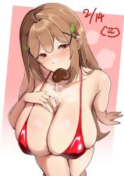 1girl bikini blush breasts brown_hair candy chocolate chocolate_heart chocolate_in_mouth chocolate_on_body cleavage food food_on_body from_above grabbing_own_breast hair_ornament heart highres huge_breasts leaf_hair_ornament long_hair mole mole_under_eye nana_(mogs1225) original paizuri_invitation red_bikini red_eyes solo sweat swimsuit