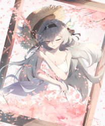 1girl absurdres alternate_costume bare_shoulders black_hairband branch breasts cherry_blossoms cleavage closed_eyes dress elphe firefly_(honkai:_star_rail) grey_hair hair_between_eyes hair_intakes hair_ornament hairband hat highres holding holding_branch honkai:_star_rail honkai_(series) long_hair medium_breasts petals picture_frame sleeveless sleeveless_dress smile sun_hat white_dress