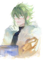 1boy alanno_ran alannoran alternate_costume casual coat fur-trimmed_coat fur_trim green_eyes green_hair kraken_isaac long_hair looking_at_viewer male_focus open_mouth saint_seiya smile solo winter_clothes winter_coat