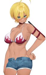 1girl absurdres ahoge arm_sheath bikini bikini_top_only blonde_hair blue_shorts breasts cleavage collar collarbone hair_between_eyes hand_on_own_hip highres mito_ikumi multicolored_bikini navel open_fly red_collar sheath sheathed shokugeki_no_souma short_hair shorts solo swimsuit tan two-tone_bikini yuya_(yuya_illust)