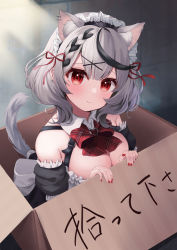 1girl absurdres animal_ear_fluff animal_ears black_hair blush bow bowtie breasts cat_ears cat_girl cat_tail closed_mouth detached_collar ear_piercing extra_ears hair_ribbon highres hololive large_breasts looking_at_viewer maid_headdress medium_hair multicolored_hair nail_polish nikahoshikuzu piercing plaid_bow plaid_bowtie plaid_clothes red_bow red_bowtie red_eyes red_nails red_ribbon ribbon sakamata_chloe silver_hair solo streaked_hair tail tail_raised thighhighs translation_request virtual_youtuber