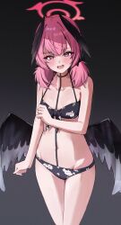 Rule 34 | 1girl, absurdres, bikini, black bikini, black wings, blue archive, blush, feathered wings, flat chest, floral print, front-tie bikini top, front-tie top, halo, head wings, highres, koharu (blue archive), koharu (swimsuit) (blue archive), looking at viewer, low twintails, low wings, medium hair, navel, official alternate costume, open mouth, pink eyes, pink hair, pink halo, print bikini, standing, swimsuit, tobildesu, twintails, wings