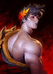 1boy black_hair black_sclera colored_sclera dave_rapoza deltoids from_behind hades_(series) hades_1 highres laurel_crown looking_back male_focus muscular muscular_male red_eyes solo triceps upper_body zagreus_(hades)