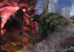 1girl 2boys absurdres aircraft bleeding blood blue_sky bookshelf bridge broken_glass broken_window building can city claws cloud colored_blood colored_sclera crossover daiei_film day debris destruction dinosaur drink_can dust elbow_blade elbow_spikes embers energy explosion fire from_behind gamera gamera_(series) gamera_3:_revenge_of_iris giant giant_monster glass glowing glowing_eyes glowing_mouth glowing_spikes glowing_veins godzilla godzilla_(series) green_blood helicopter helmet highres japan_self-defense_force kaiju long_tail looking_back military monster multiple_boys open_mouth orange_sclera overpass plant plasma potted_plant red_eyes road_sign rubble sea_monster sharp_teeth shin_godzilla sign sky skyscraper slit_pupils smoke soda_can soldier sparks spikes stool tail takoyak041 teeth toho traffic_light turtle tusks veins very_long_tail walkie-talkie yellow_eyes