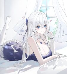 1girl absurdres bare_arms bare_shoulders blue_eyes blue_shirt blue_skirt boong0619 bow breasts cleavage closed_mouth commentary_request commission curtains detached_collar detached_sleeves erikon_(eruge) frilled_skirt frills hair_bow half_updo hand_up heart highres jewelry korean_commentary large_breasts long_hair looking_at_viewer lying miniskirt necklace no_shoes on_stomach original pantyhose pleated_skirt shirt single_detached_sleeve skirt sleeveless sleeveless_shirt smile solo spaghetti_strap the_pose v-shaped_eyebrows white_hair white_pantyhose window