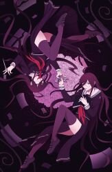 2girls absurdres book closed_mouth collared_shirt danganronpa_(series) danganronpa_another_episode:_ultra_despair_girls dual_persona flower fukawa_toko full_body genocider_shou highres holding holding_book holding_scissors holding_weapon long_hair long_sleeves long_tongue multiple_girls neckerchief open_book open_mouth paper phantomorrow purple_eyes purple_hair purple_serafuku purple_shirt purple_skirt purple_thighhighs red_eyes red_neckerchief sailor_collar school_uniform scissors serafuku shirt shoes skirt smile stun_gun teeth thighhighs thorns tongue tongue_out torn_clothes torn_neckerchief torn_skirt upper_teeth_only very_long_hair weapon white_sailor_collar