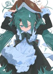 1girl ^^^ apron aqua_eyes aqua_hair black_dress book book_on_head cowboy_shot dress hair_ribbon hatsune_miku highres kaiaik_(zheliakaina) looking_at_viewer maid maid_apron object_on_head one_eye_closed pout ribbon ringed_eyes solo spring_onion striped_ribbon sweatdrop twintails vocaloid white_apron white_background