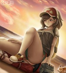 1boy 1girl ass bdsm beach bondage bound breasts brown_hair chase_(pokemon) eevee elaine_(pokemon) femdom gen_1_pokemon geodude hetero highres loli neokeiji nintendo panties panty_peek pokemon pokemon_(creature) pokemon_lgpe ponytail restrained rope short_shorts shorts sitting sitting_on_face sitting_on_person small_breasts smile smother sunset underwear upshorts white_panties